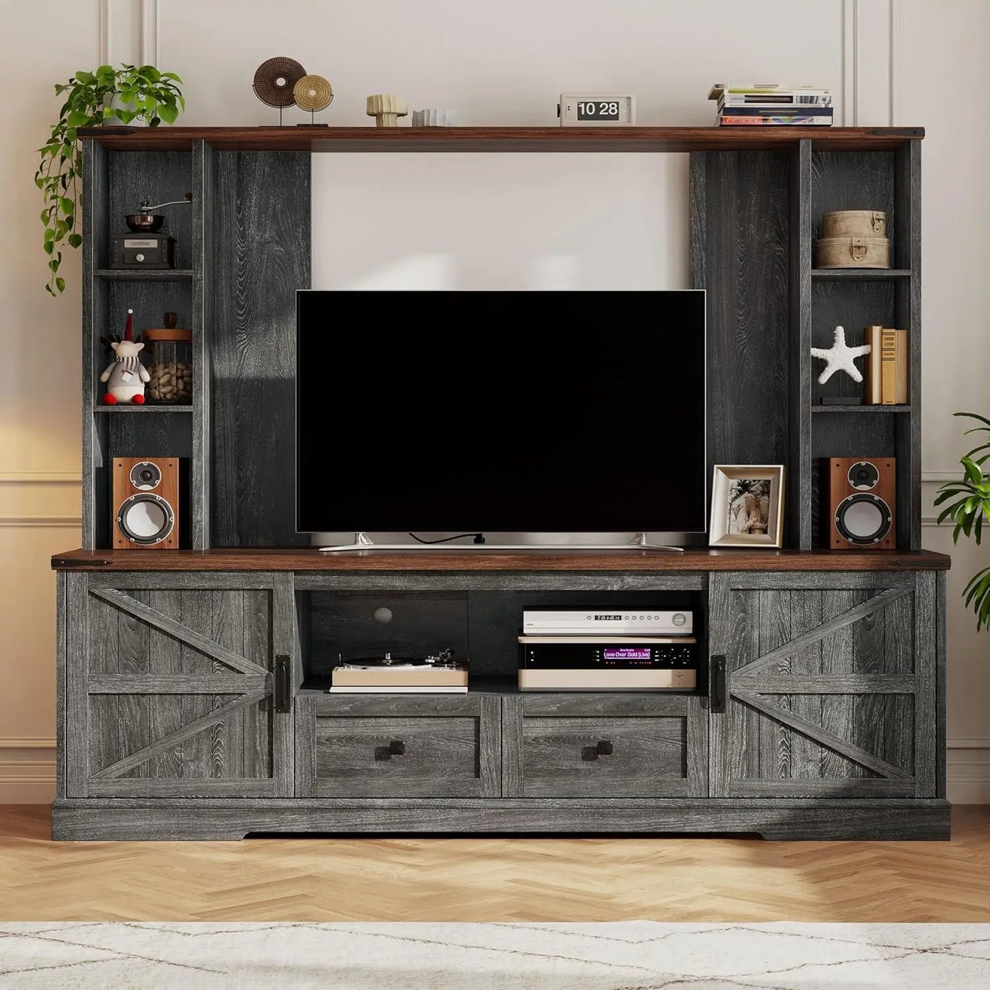 Wall TV Stand with 2 Doors, with LED & Power Outlets