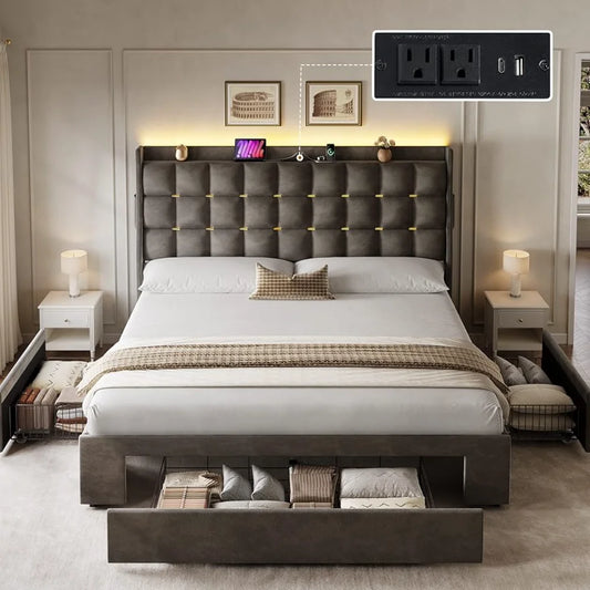 Queen Size Bed Frame with 3 Storage Drawers , Velvet Upholstered