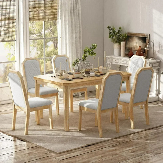 7 Pieces Dining Table Set,Wooden Rustic Table with 6 High-Back Tufted Chairs,Home Furniture Kitchen Dining Room Table Sets