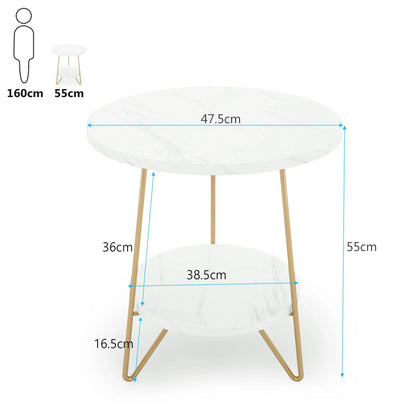 Tribesigns 2 Tier Faux Marble End Table Round Side Table with Shelves Small Coffee Accent Table for Living Room, White and Gold