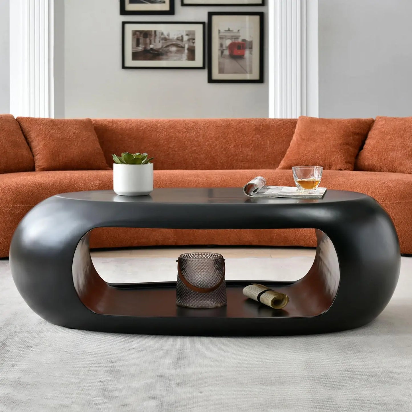 LUMISOL 53.93” Oval Coffee Table, Modern Sturdy Fiberglass Coffee Table with Storage Shelf, 2-Tier Center Cocktail Table for