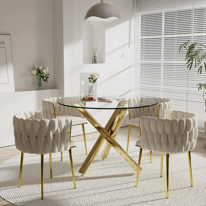Golden Round Glass Dining Table Set for 4, 39'' Clear Dinner Table Set, 5 Pieces Modern Luxury Circle Kitchen Table and Green