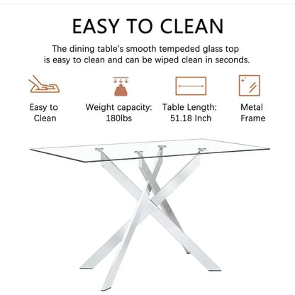 Rectangular Glass Dining Table Kitchen Glass Top Table for 4 with   Metal Legs,Dining Table Kitchen Glass Tables for Kitchen