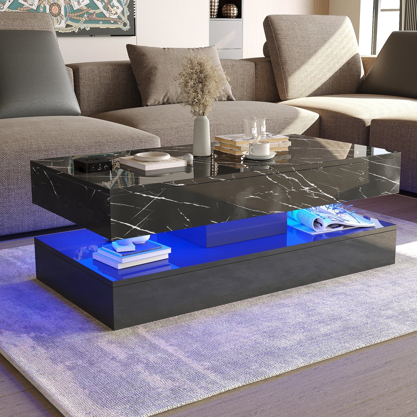 Modern Stylish Coffee Table with LED lights, Double-Layer Design for Living Room Coffee Table with 2 Storage Drawers