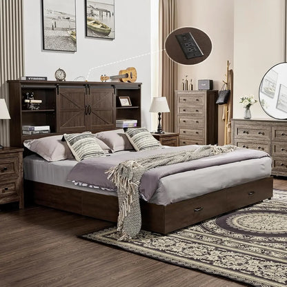King & Queen Size Bed Frame,Wooden Platform Storage Bed with Bookcase