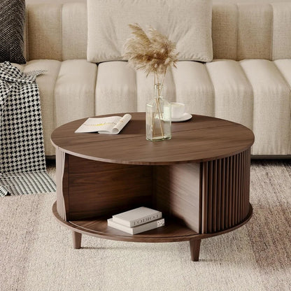 Round Coffee Table with Storage,Mid Century Modern Coffee Table with Sliding Cabinet Door,Coffee Tables,31.5" Small Center Table