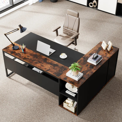 71 inch Executive Desk, L Shaped with Cabinet Storage