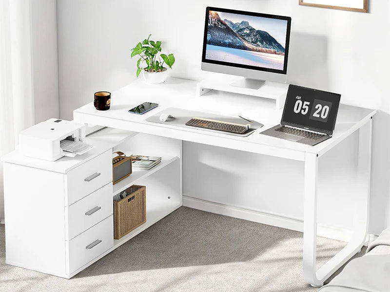 Desk with Drawers, 55 Inch L Shaped, Removable Monitor Stand