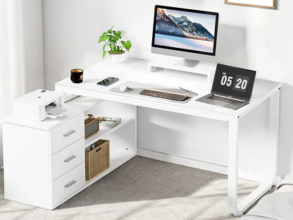 Desk with Drawers, 55 Inch L Shaped, Removable Monitor Stand