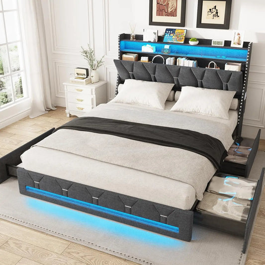 Queen Size Bed Frame with Headboard & 4 Storage Drawer