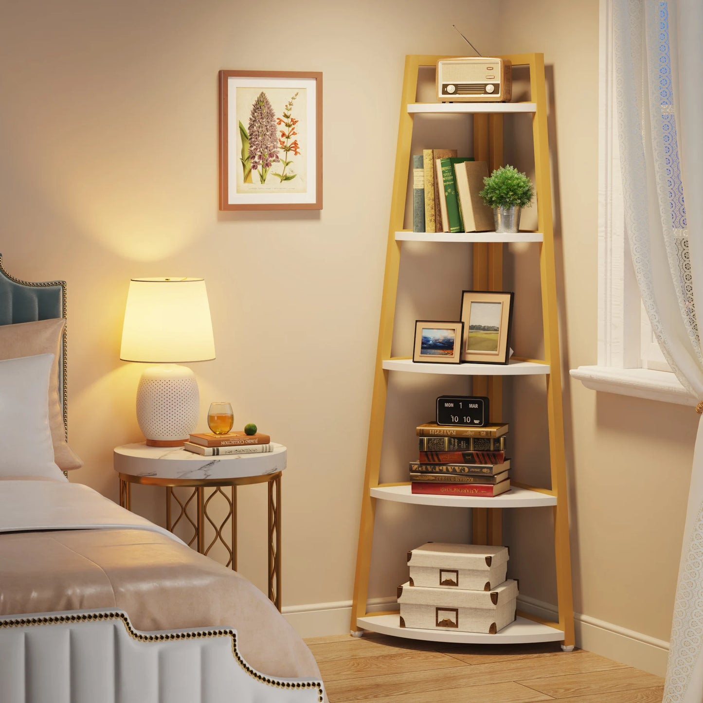 Corner Bookcase, Bookshelf with Rack Wood