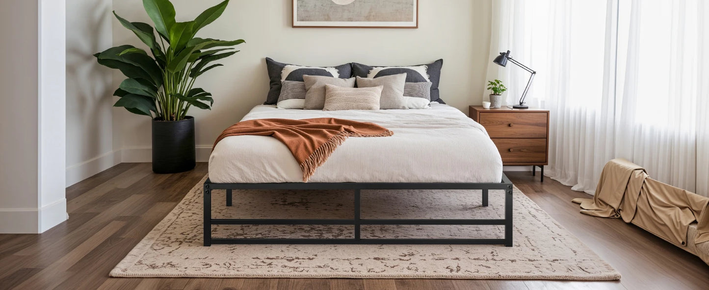 Metal Bed Frame, No Box Spring Needed - Queen, Full, King and Twin Sizes