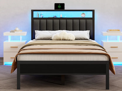 Full/Queen size bed frame with charging station, LED