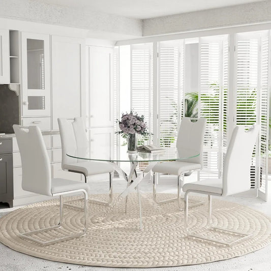 5-Piece Round Dining Table Set for 4, 47" Small Circle Tempered Glass Kitchen Table Set with Chrome Silver Leg, Upholstered