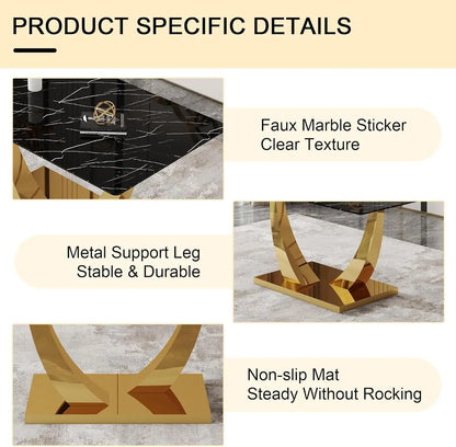 63” Dining Room Table Set for 6,Modern Gold Dining Table Set for 6, Rectangle kitchen Table Set With PU Leather Chairs,Black