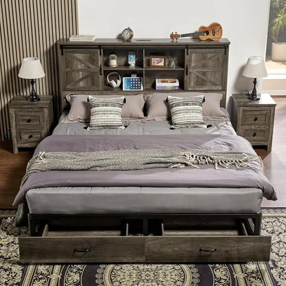 King & Queen Size Bed Frame,Wooden Platform Storage Bed with Bookcase