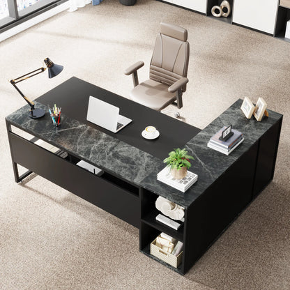 71 inch Executive Desk, L Shaped with Cabinet Storage