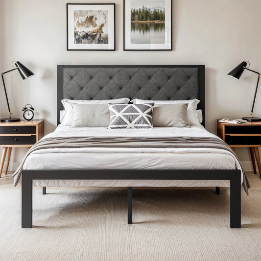 Bed Frame with Upholstered Finely Stitched Headboard - Queen, King, Full and Twin Sizes