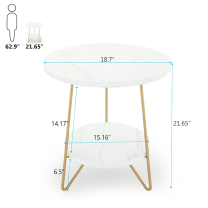 Tribesigns 2 Tier Faux Marble End Table Round Side Table with Shelves Small Coffee Accent Table for Living Room, White and Gold