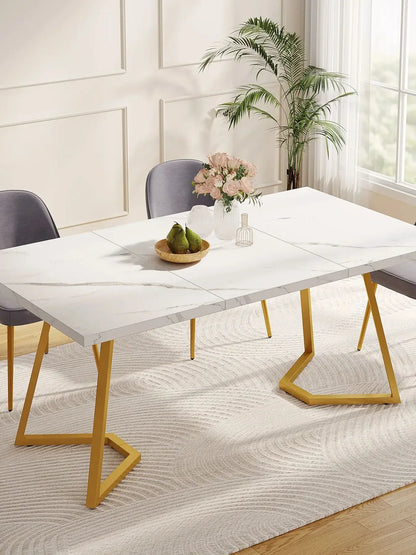 Tribesigns Gold Dining Dinner Table: 55 Inches Modern White Dining Room Table with Golden Legs, Faux Marble Kitchen Table for 6