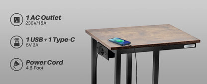 Redlife C Shaped End Table w/ Charging Station Side Table for Couch Sofa Table w/ Storage Shelf & Rolling Wheels for Small Space