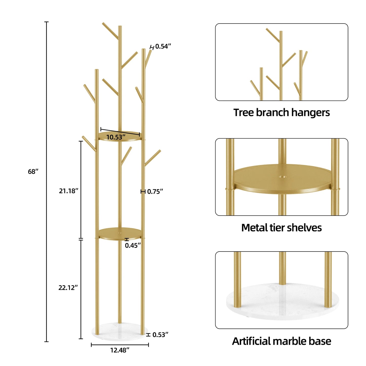 Marble Metal Coat Rack with 3 Storage Shelves and 9 Hooks