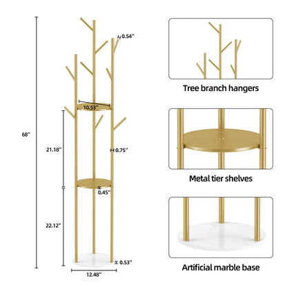 Marble Metal Coat Rack with 3 Storage Shelves and 9 Hooks