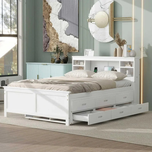 Full & Twin Storage Bed With Bookcase Headboard Wood Platform