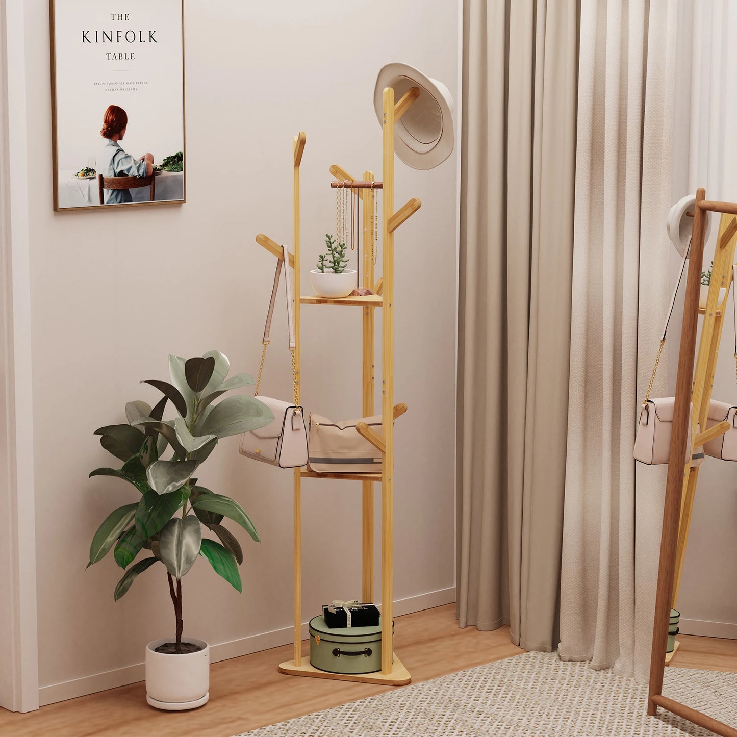 Bamboo Corner Tree Coat Rack with Hooks and Shelves
