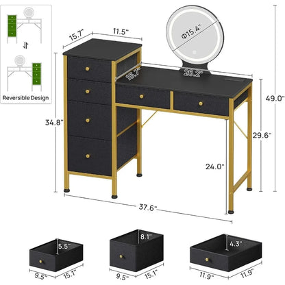 Vanity Desk with Mirror, Dresser with 6 Storage Drawers