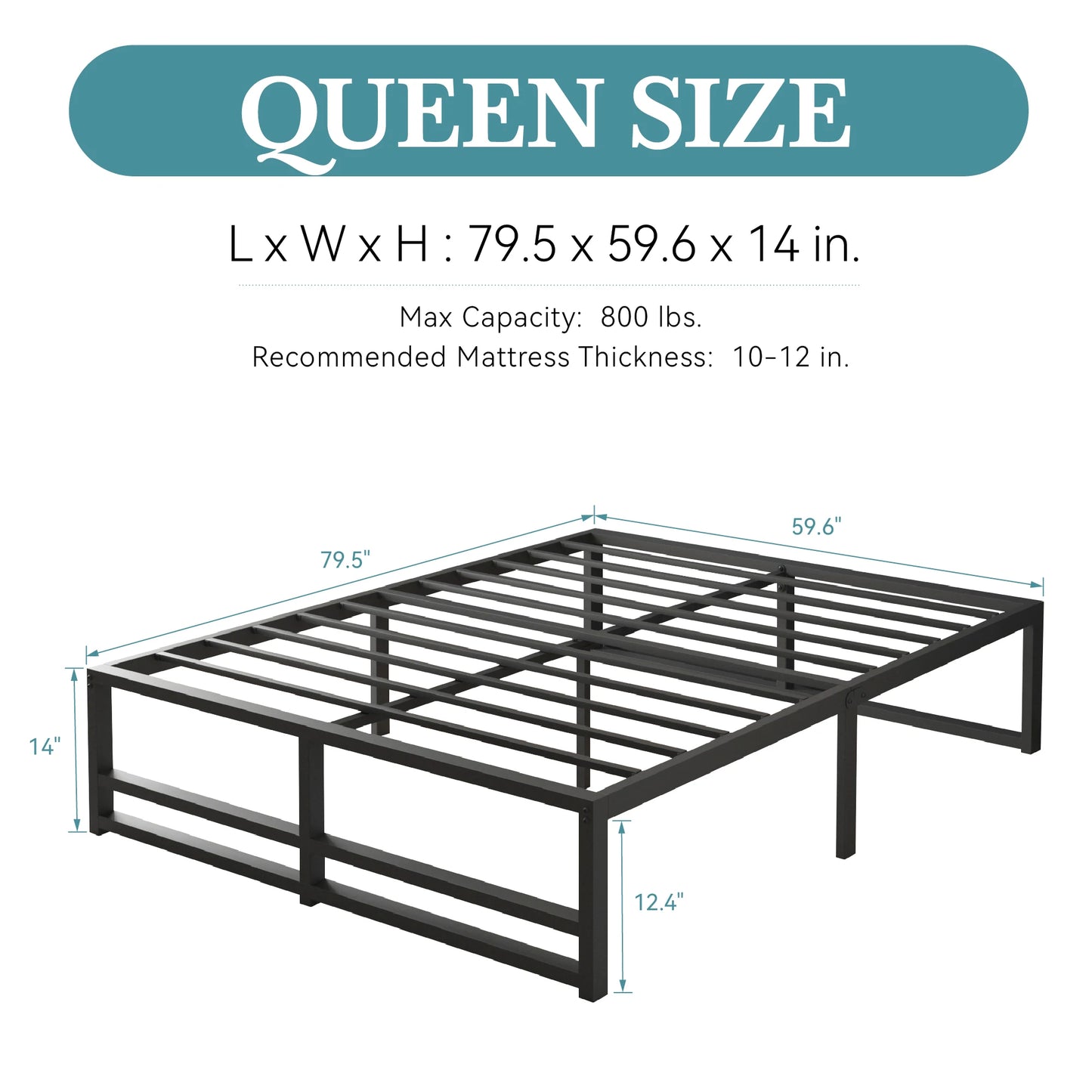 Metal Bed Frame, No Box Spring Needed - Queen, Full, King and Twin Sizes