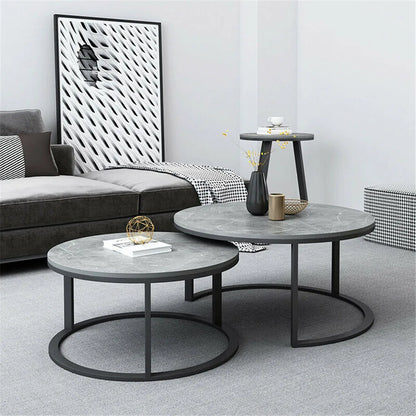 Set of 2 Real Marble Round Nesting Coffee Table Grey Side End Table Accent Table Metal Legs Waterproof