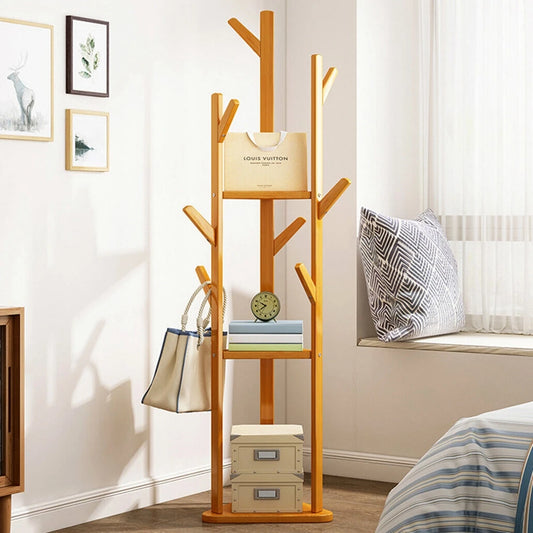 Bamboo Corner Tree Coat Rack with Hooks and Shelves