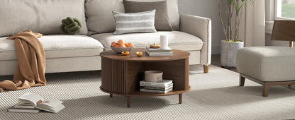 Round Coffee Table with Storage,Mid Century Modern Coffee Table with Sliding Cabinet Door,Coffee Tables,31.5" Small Center Table