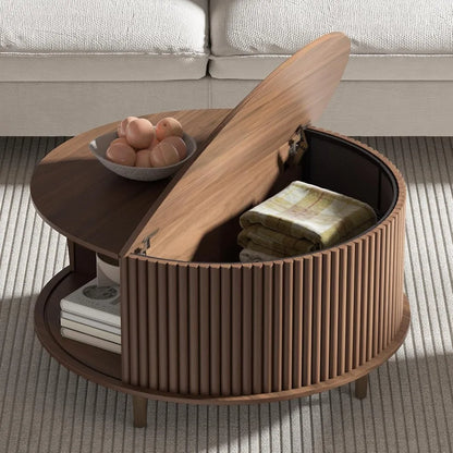 Round Coffee Table with Storage,Mid Century Modern Coffee Table with Sliding Cabinet Door,Coffee Tables,31.5" Small Center Table