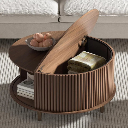 Round Coffee Table with Storage,Mid Century Modern Coffee Table with Sliding Cabinet Door,Coffee Tables,31.5" Small Center Table