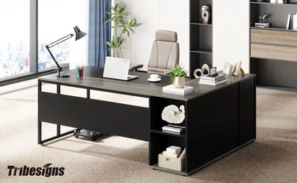 71 inch Executive Desk, L Shaped with Cabinet Storage