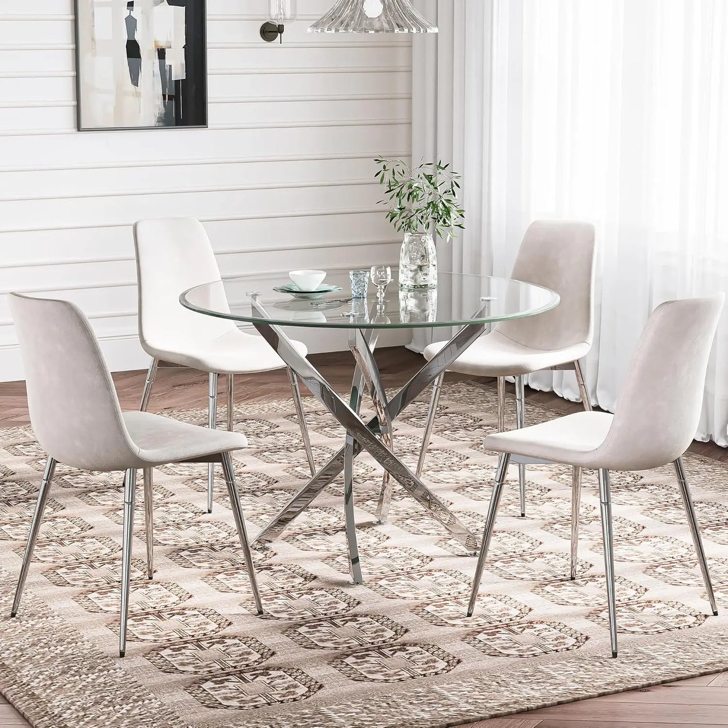 Glass Dining Table Set for 4 with Chairs, Modern 5 Piece Dining Room Set with 36" Round Tempered Glass Table & 4 Velvet Chairs