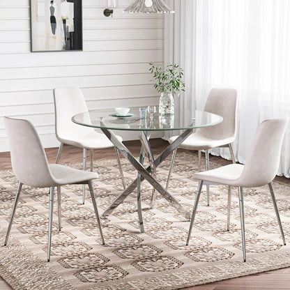 Glass Dining Table Set for 4 with Chairs, Modern 5 Piece Dining Room Set with 36" Round Tempered Glass Table & 4 Velvet Chairs
