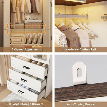 3 Drawers and LED Wardrobe with Hanging Rod