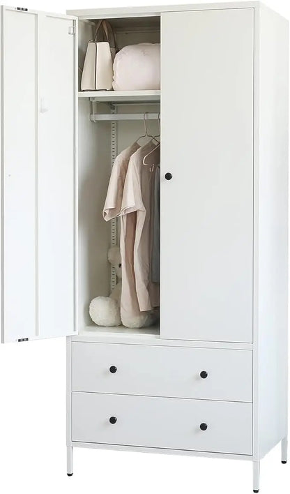 Wardrobe Closet, Metal Armoires with Two Drawers