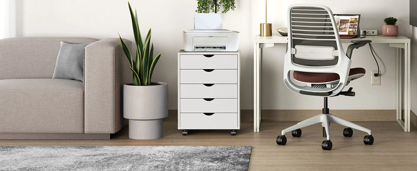 JHK Wood Nightstand Cabinet 5 Drawers Waterproof Surface Storage Organizer File Office Easy To Move Bedside Table Rotating Wheel