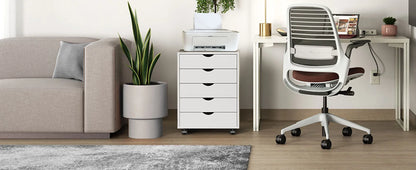 JHK Wood Nightstand Cabinet 5 Drawers Waterproof Surface Storage Organizer File Office Easy To Move Bedside Table Rotating Wheel