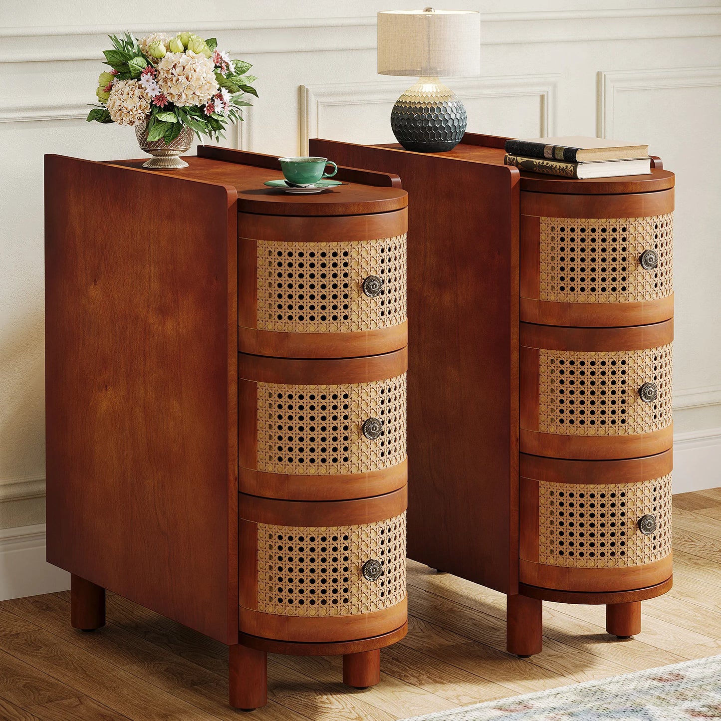 Tribesigns End Table Round Solid Wood Sofa Bedside Narrow Bedroom Side Table Nightstand with Drawer