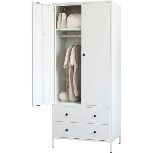 Wardrobe Closet, Metal Armoires with Two Drawers