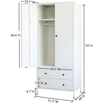 Wardrobe Closet, Metal Armoires with Two Drawers