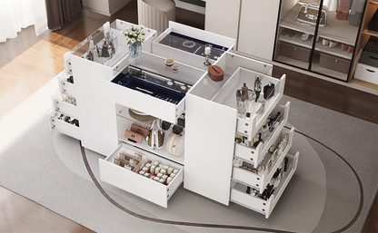 Glass Display Shelf & 12 Drawers, White Dresser with Glass Top