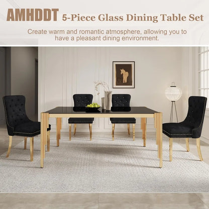 5 Piece Glass Dining Table Set for 4 People, 63" Rectangular Glass Kitchen Table with 4 Velvet Upholstered Chairs, Dining Room