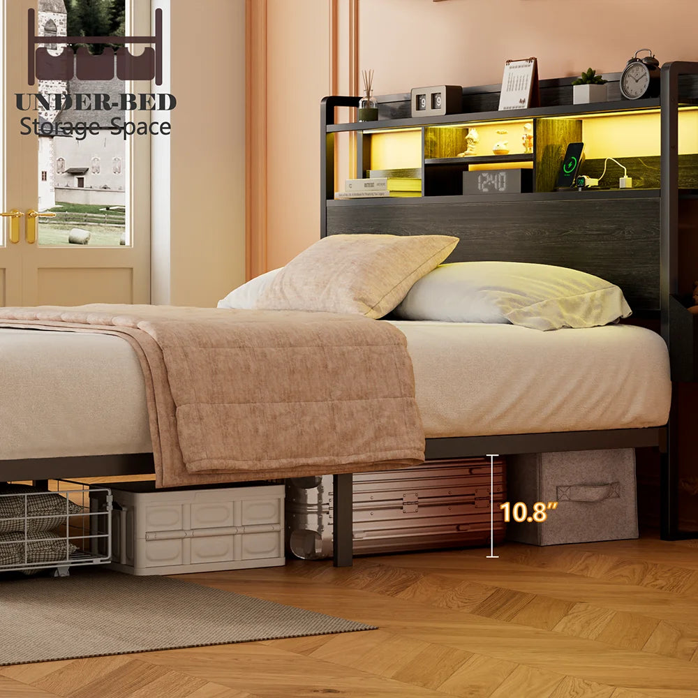 Full/Queen Size Bed Frame with Storage Headboard