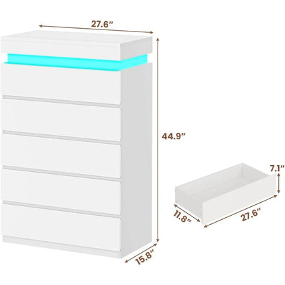Tall 5 Drawer Dresser, Chest of Drawers with LED Light